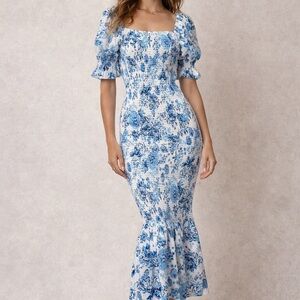 Puff Sleeve Smocked Mermaid Style Midi Dress Boho Floral Vacation Blue